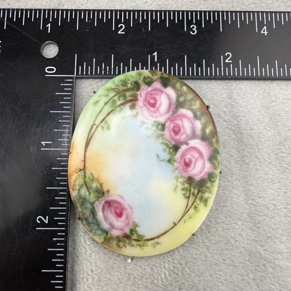 Vintage‎ Porcelain Brooch Hand Painted Flowers Roses Pink Yellow